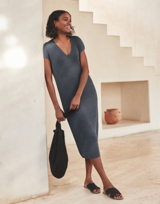 Linen Rich Ribbed V-Neck Dress