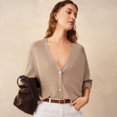 Linen Rich Saddle Shoulder Cropped Cardigan