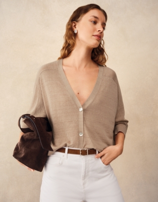 Linen Rich Saddle Shoulder Cropped Cardigan