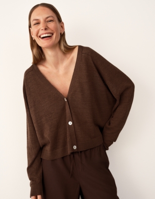 Linen Rich Saddle Shoulder Cropped Cardigan