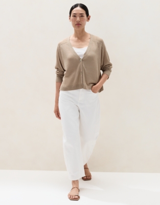 Linen Rich Saddle Shoulder Cropped Cardigan - Fawn