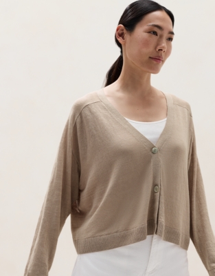 Linen Rich Saddle Shoulder Cropped Cardigan - Fawn