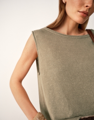 Linen Roll Edge Cropped Tank - Olive