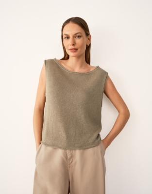 Linen Roll Edge Cropped Tank - Olive
