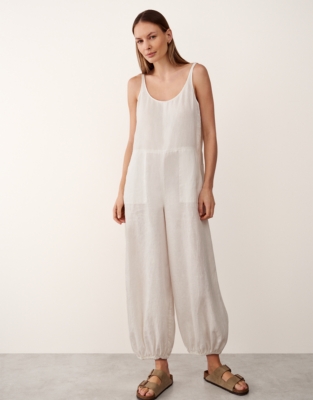 Linen Scoop Neck Elasticated Cuff Jumpsuit - Porcelain