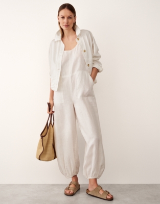 Linen Scoop Neck Elasticated Cuff Jumpsuit - Porcelain