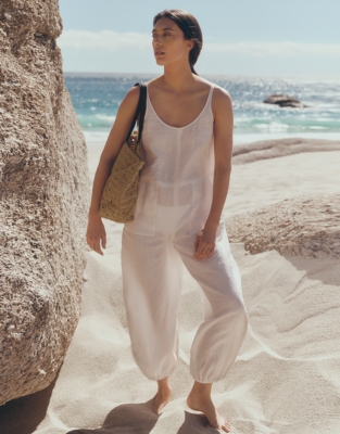 Linen Scoop Neck Elasticated Cuff Jumpsuit - Porcelain