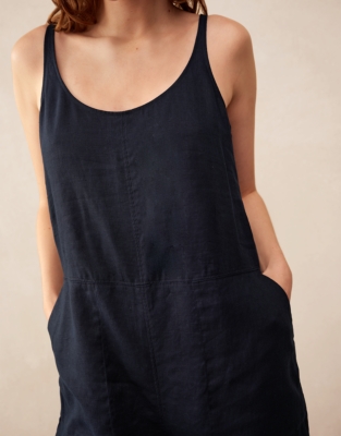 Linen Scoop Neck Elasticated Cuff Jumpsuit - Navy