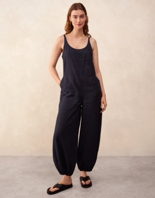 Linen Scoop Neck Elasticated Cuff Jumpsuit - Navy