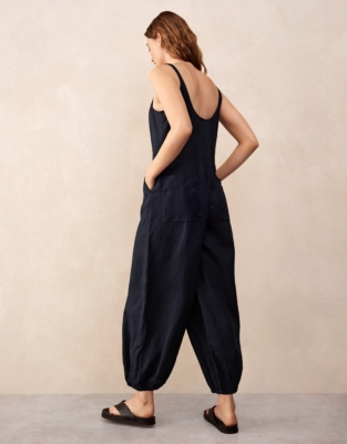 Linen Scoop Neck Elasticated Cuff Jumpsuit - Navy