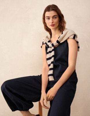 Linen Scoop Neck Elasticated Cuff Jumpsuit - Navy