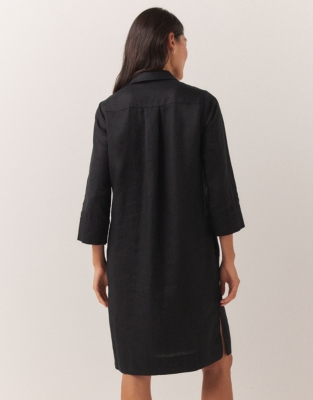 Linen Shirt Dress with Oversized Buttons - Black