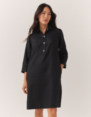 Linen Shirt Dress with Oversized Buttons - Black