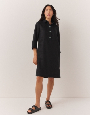 Linen Shirt Dress with Oversized Buttons - Black