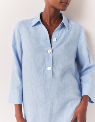 Linen Shirt Dress with Oversized Buttons - Blue/White