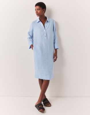 Linen Shirt Dress with Oversized Buttons - Blue/White