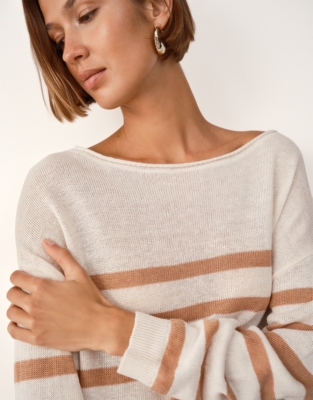 Linen Slash Neck Stripe Jumper - Dusty Clay
