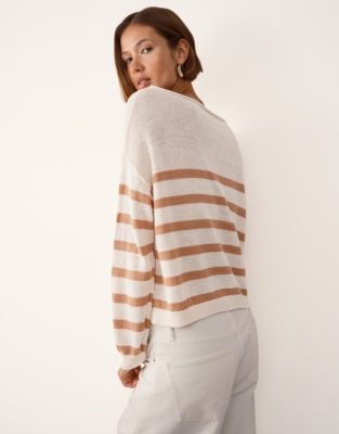 Linen Slash Neck Stripe Jumper - Dusty Clay