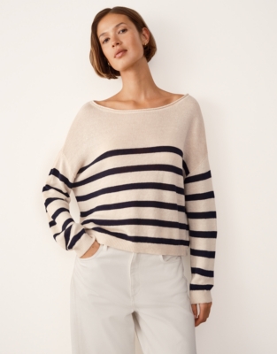 Linen Slash Neck Stripe Jumper - Navy