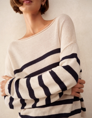 Linen Slash Neck Stripe Jumper - Navy