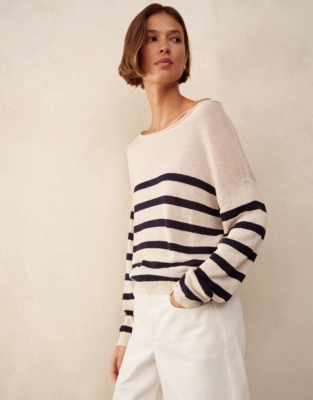 Linen Slash Neck Stripe Jumper - Navy