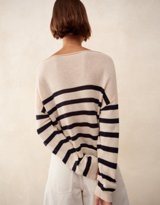 Linen Slash Neck Stripe Jumper - Navy
