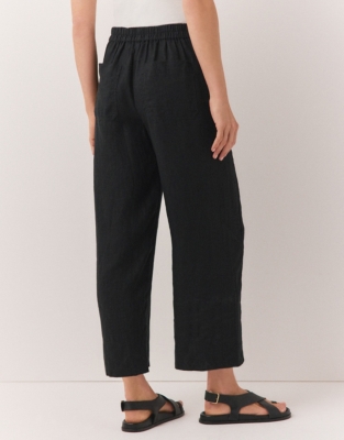 Linen Stitch Detail Cropped Wide Leg Pants - Black