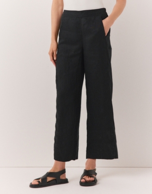 Linen Stitch Detail Cropped Wide Leg Pants - Black