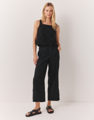 Linen Stitch Detail Cropped Wide Leg Pants - Black