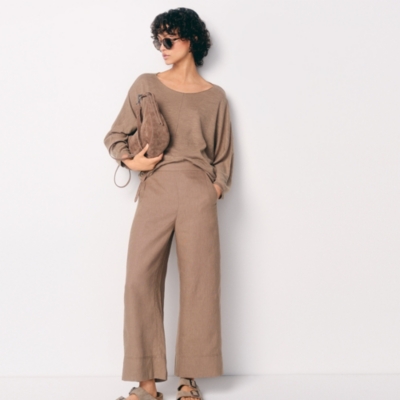 Linen Stitch Detail Cropped Wide Leg Trouser