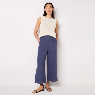 Linen Stitch Detail Cropped Wide Leg Trouser