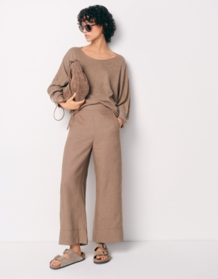 Linen Stitch Detail Cropped Wide Leg Trouser