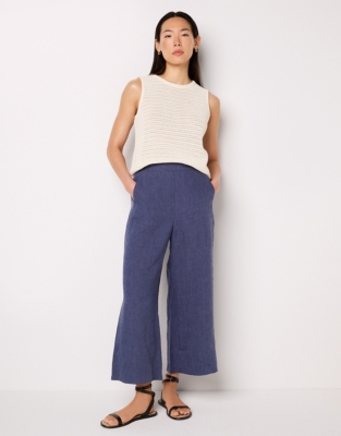 Linen Stitch Detail Cropped Wide Leg Trouser