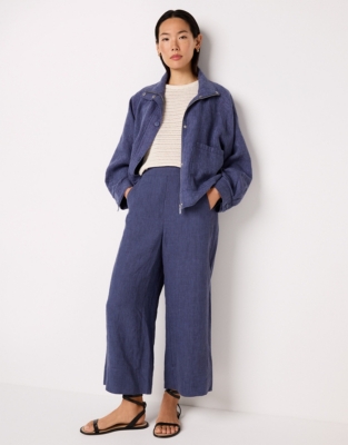 Linen Stitch Detail Cropped Wide Leg Trouser - Indigo
