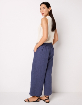 Linen Stitch Detail Cropped Wide Leg Trouser - Indigo