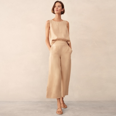 Linen Stitch Detail Cropped Wide Leg Trouser