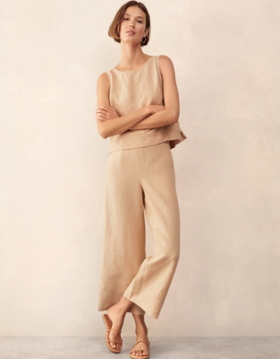 Linen Stitch Detail Cropped Wide Leg Trouser