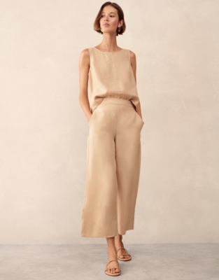 Linen Stitch Detail Cropped Wide Leg Trouser