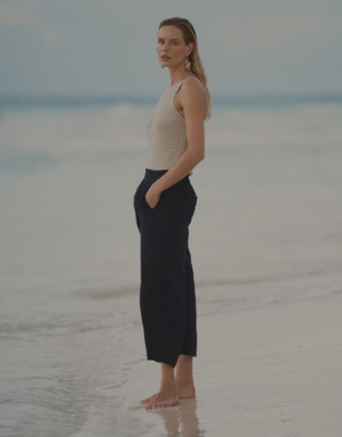 Linen Stitch Detail Cropped Wide Leg Trousers