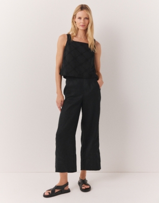 Linen Stitch Detail Cropped Wide Leg Trousers