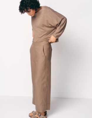 Linen Stitch Detail Cropped Wide Leg Trousers - Mouse