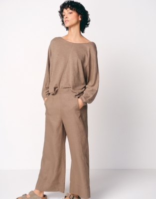 Linen Stitch Detail Cropped Wide Leg Trousers - Mouse