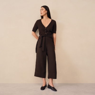 Linen Stitch Detail Cropped Wide Leg Trousers