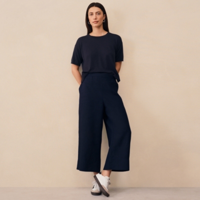 Linen Stitch Detail Cropped Wide Leg Trousers