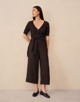 Linen Stitch Detail Cropped Wide Leg Trousers