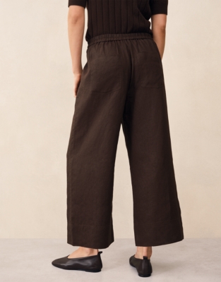 Linen Stitch Detail Cropped Wide Leg Trousers - Dark Chocolate