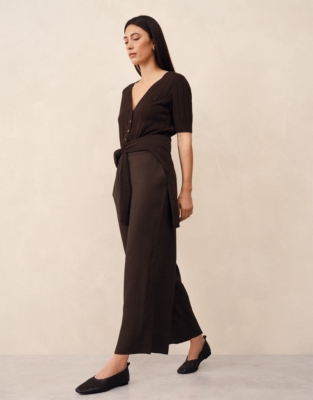 Linen Stitch Detail Cropped Wide Leg Trousers - Dark Chocolate