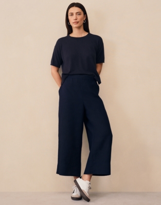 Linen Stitch Detail Cropped Wide Leg Trousers