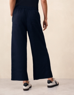 Linen Stitch Detail Cropped Wide Leg Trousers - Navy