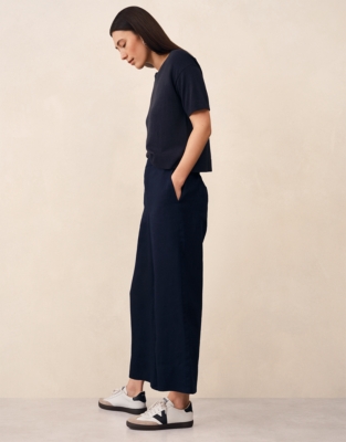 Linen Stitch Detail Cropped Wide Leg Trousers - Navy